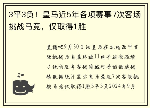 3平3负！皇马近5年各项赛事7次客场挑战马竞，仅取得1胜